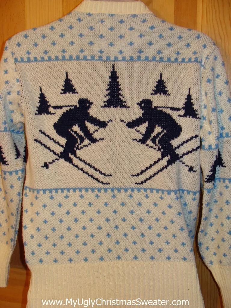 Ugly Christmas Sweater Party Vintage Tacky Sweater Dueling Skiers on Front and Back (v1)